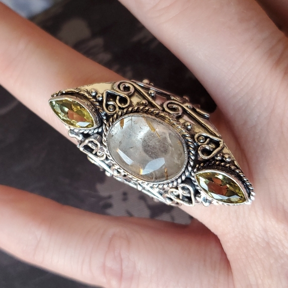 New Golden Rutile and Citrine 925 Silver Statement Ring. - Picture 6 of 8